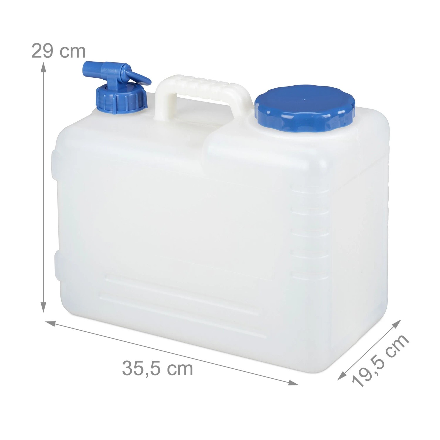 Weiß-blauer 15L Relaxdays Wasserkanister mit Hahn für Camping & Outdoor.