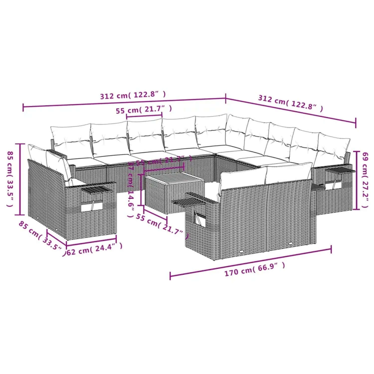 vidaXL Garten-Sofagarnitur, 14-teilig, schwarz, Poly Rattan, mit Kissen und Maßen.