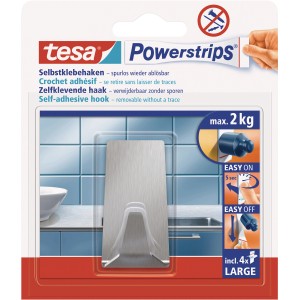 Tesa Selbstklebehaken, rechteckig, Edelstahl, mit 4 Powerstrips Large. Klebehaken für Küche und Bad.