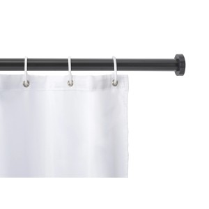 Schwarze Schöner Wohnen Duschvorhangstange Obleon mit weißem Duschvorhang.
