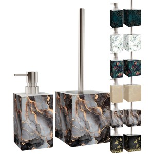 SANILO Bad Set Marmor Abstrakt: Seifenspender und WC-Bürste für stilvolles Bad.