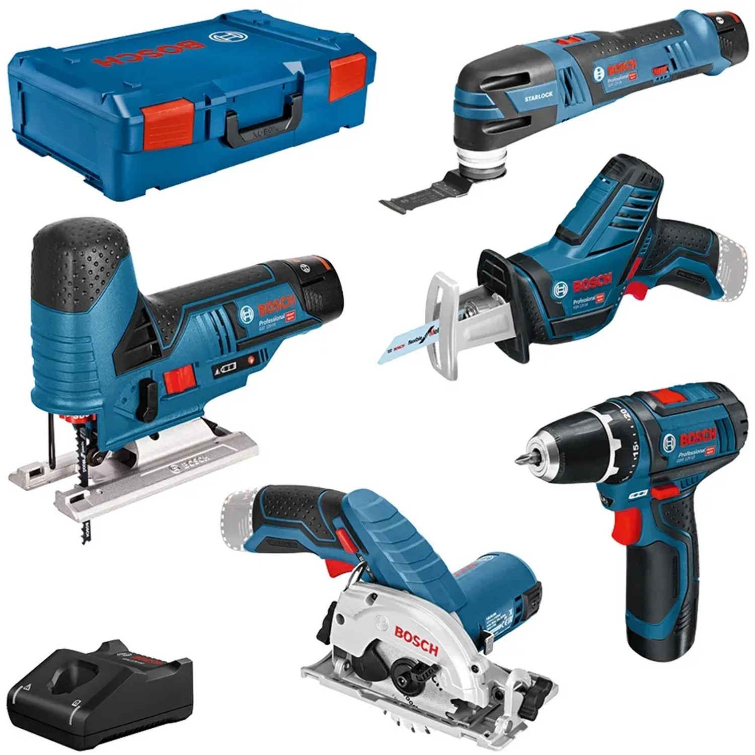 Powertools 5-teiliges 12Volt-Werkzeug-Set, GSR + GOP + GKS + GSA + GST (blau, 3x Li-Ionen Akku 3,0Ah, XL-BOXX)