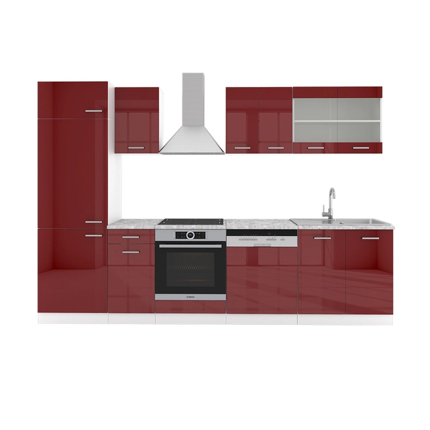 Vicco R-Line Küchenzeile Bordeaux Hochglanz/Weiß 300 cm ohne Arbeitsplatte günstig online kaufen