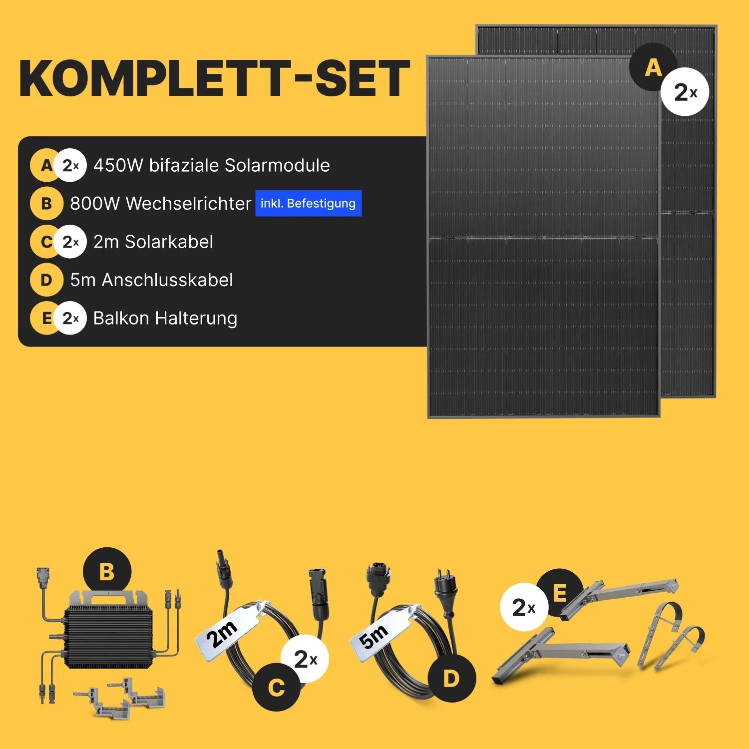 Solakon Balkonkraftwerk 900W Komplettset: 2 Solarmodule, 800W Wechselrichter, Kabel, Balkonhalterung. Steckerfertig.