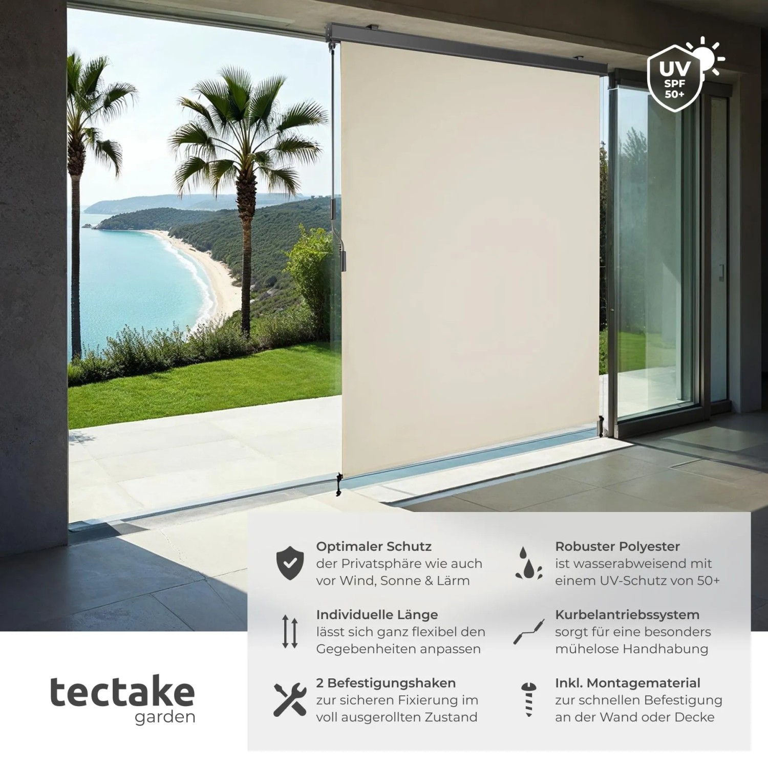 Beige Tectake Senkrechtmarkise (140x250 cm) auf Terrasse. Ideal als Sonnenschutz & Sichtschutz für Balkon.