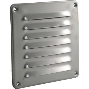 Quadratisches Marley Abdeckgitter aus Edelstahl, 155x155 mm, mit Lamellen und Schraublöchern.