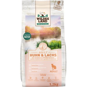 Wildes Land Katzen-Trockenfutter Huhn & Lachs, 1,2kg Sack für ausgewachsene Katzen.