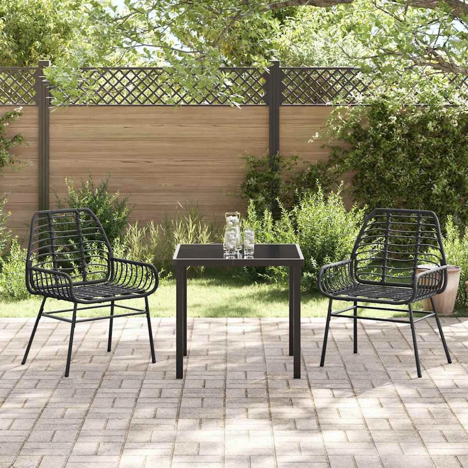 Schwarze 3-tlg. Garten Essgruppe aus Poly Rattan von vidaXL mit Tisch und zwei Stühlen.