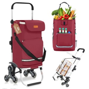 Sekey 3-in-1 Einkaufsroller Treppensteiger rot mit Kühlfach und Spanngurt, verschiedene Ansichten.