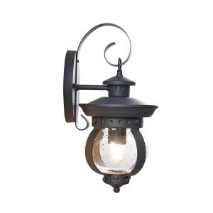 Schwarze Lindby Außenwandleuchte Farley im Retro-Design mit Laternenform und klarem Glas.