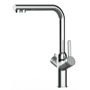 Verchromte VIZIO 3-Wege Küchenarmatur mit schwenkbarem Auslauf für Kalt-, Warm- und Filterwasser.