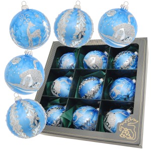 9 blaue Krebs Glas Lauscha Weihnachtskugeln mit silbernem Dekor, 8cm, im Set.