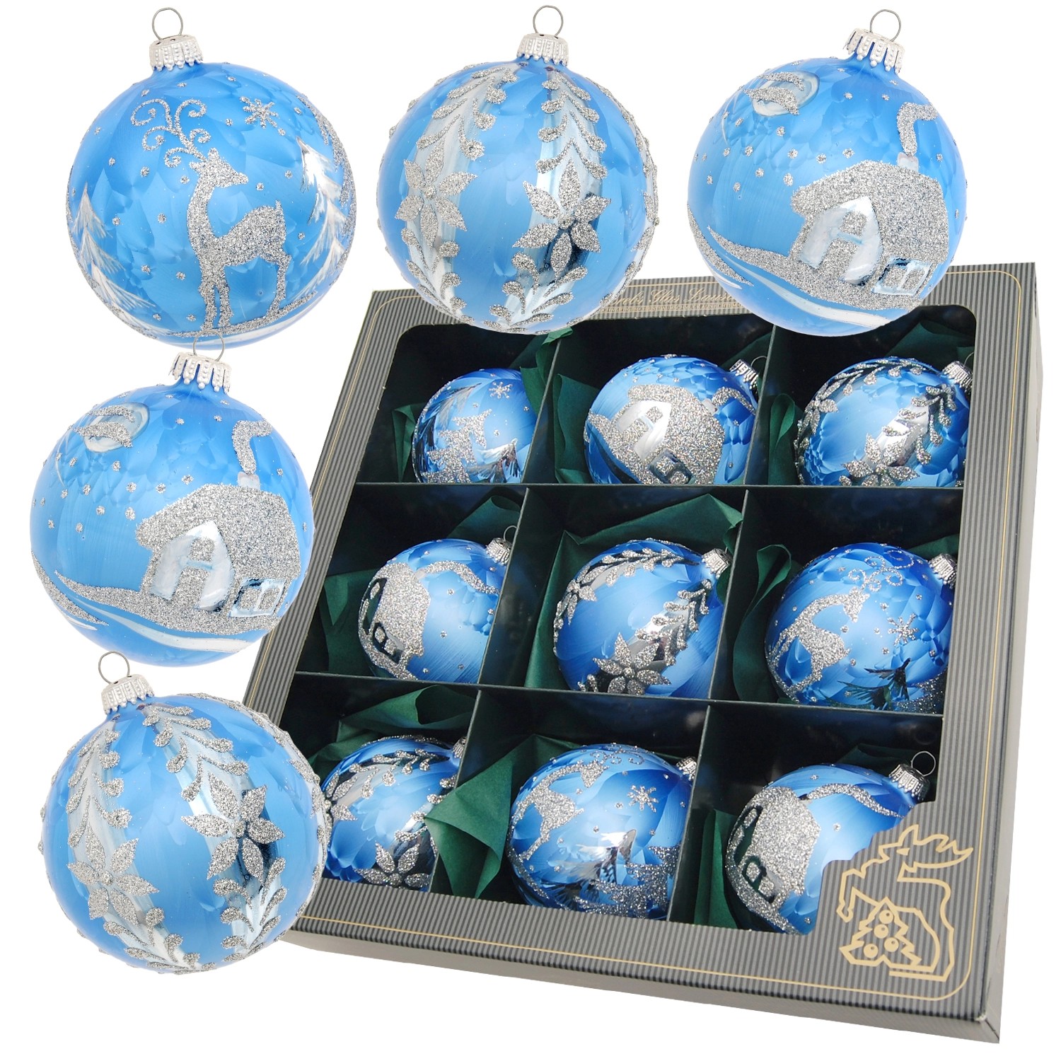 Krebs Glas Lauscha Eislack Weihnachtskugeln Blau 9-tlg. 8cm