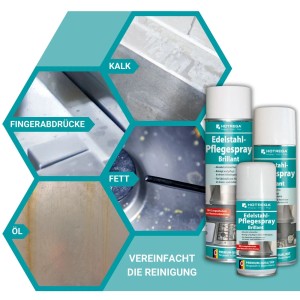 Hotrega Edelstahl Pflegespray Brillant Dosen. Reinigt & pflegt Edelstahl, Aluminium von Fingerabdrücken, Kalk, Fett, Öl. Vereinfacht die Reinigung.
