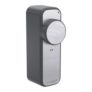 Homematic IP Türschlossantrieb pro in Anthrazit-Silber für smarte Hausautomation.