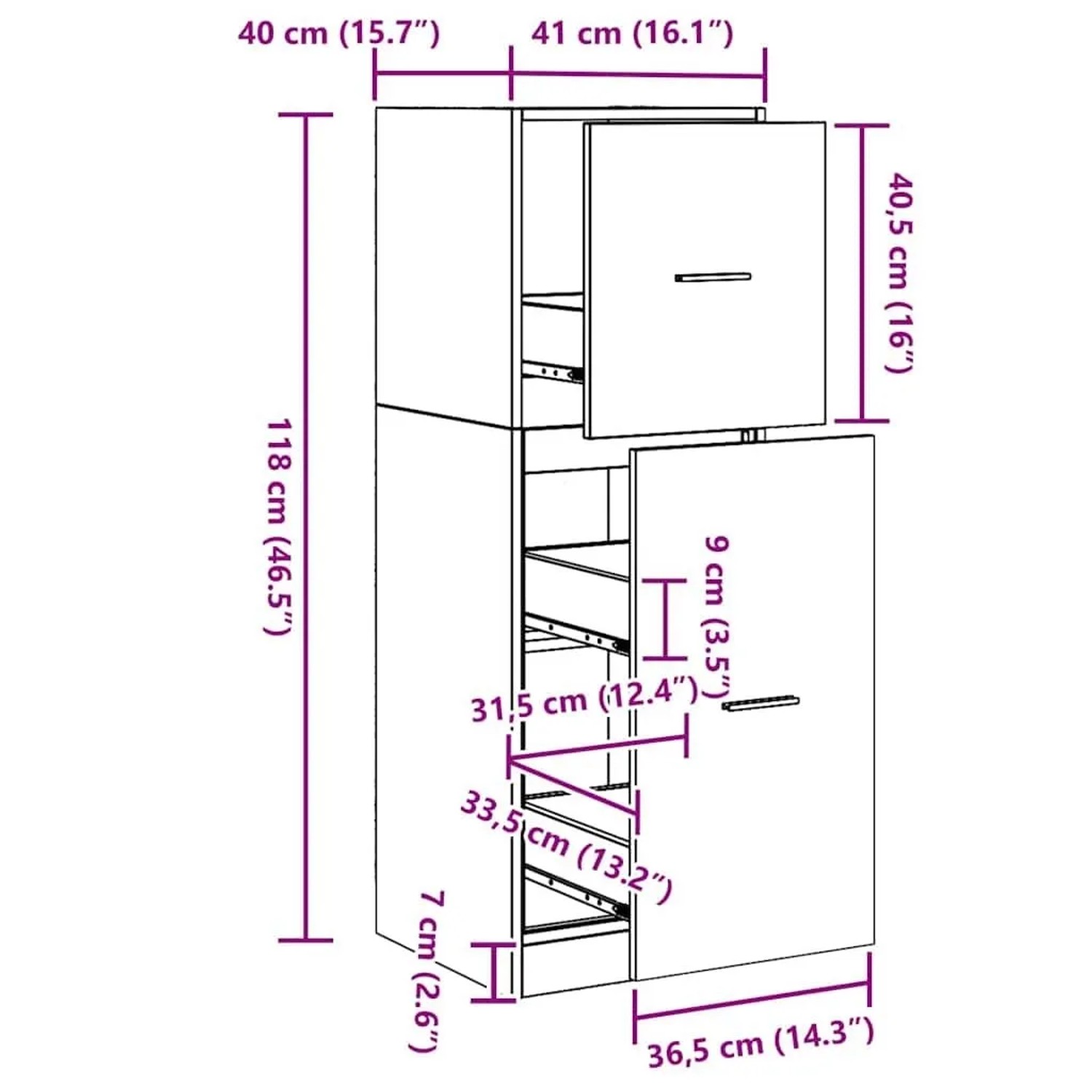 vidaXL Apothekerschrank in Schwarz Eiche, Holzwerkstoff, 118cm hoch. Wohnzimmerschrank mit Schubladen.