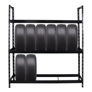 Schwarzes PROREGAL Reifenregal Tiger XL mit 8 Reifen auf 2 Ebenen.