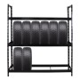 Schwarzes PROREGAL Reifenregal Tiger XL mit 8 Reifen auf 2 Ebenen.