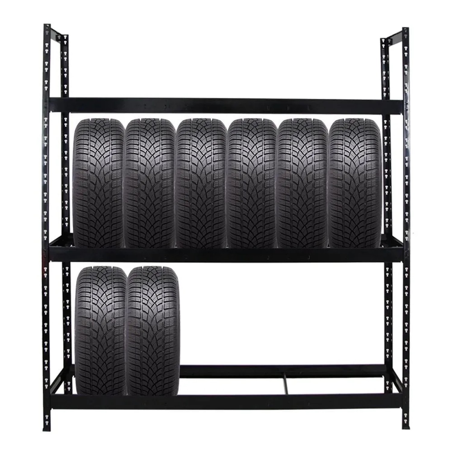 Schwarzes PROREGAL Reifenregal Tiger XL mit 8 Reifen auf 2 Ebenen.