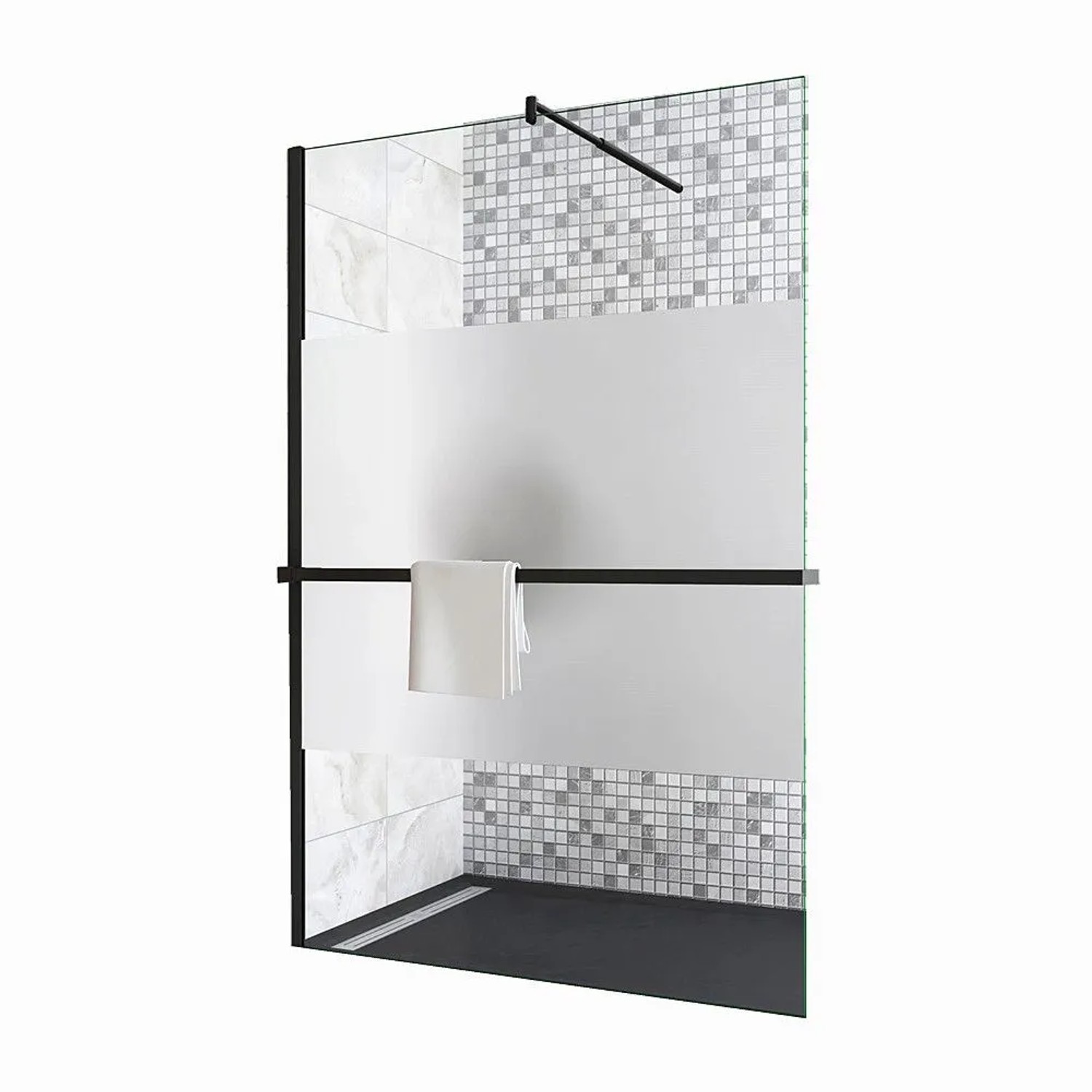 Duschparadies 140 x200cm Walkin Duschwand 8mm NANO Glas Dusche Milchglasstreifen Duschtrennwand Duschabtrennung Mit Duschregal Mit 120cm Stabilisator