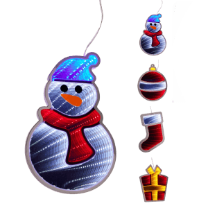 Leuchtender Infinity-LED Spiegel als Weihnachtsfigur: Schneemann, Strumpf, Geschenk, Kugel. Festliche Innen-Deko.