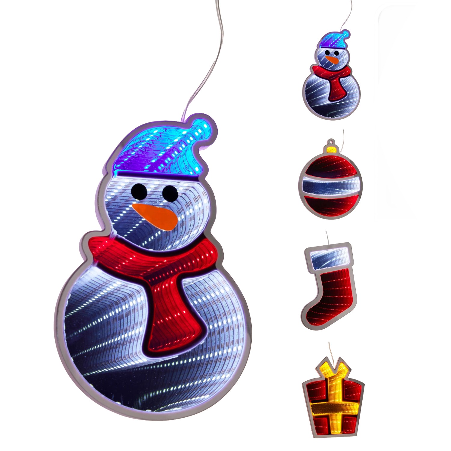 Leuchtender Infinity-LED Spiegel als Weihnachtsfigur: Schneemann, Strumpf, Geschenk, Kugel. Festliche Innen-Deko.