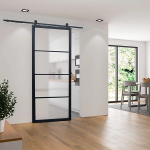 inova Loft Glastür, 4 Felder, satiniert, Stahl schwarz, mit Softclose. Komplettset Schiebetür.