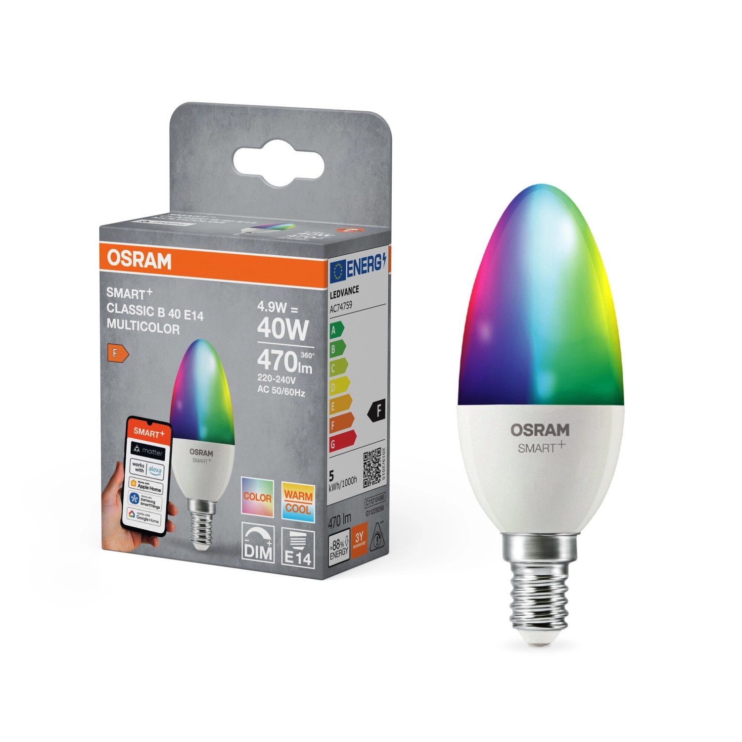 Osram LED-Leuchtmittel E14 Kerzenform B40 RGBW 4,9 W 470 lm 11,5 x 3,9 cm