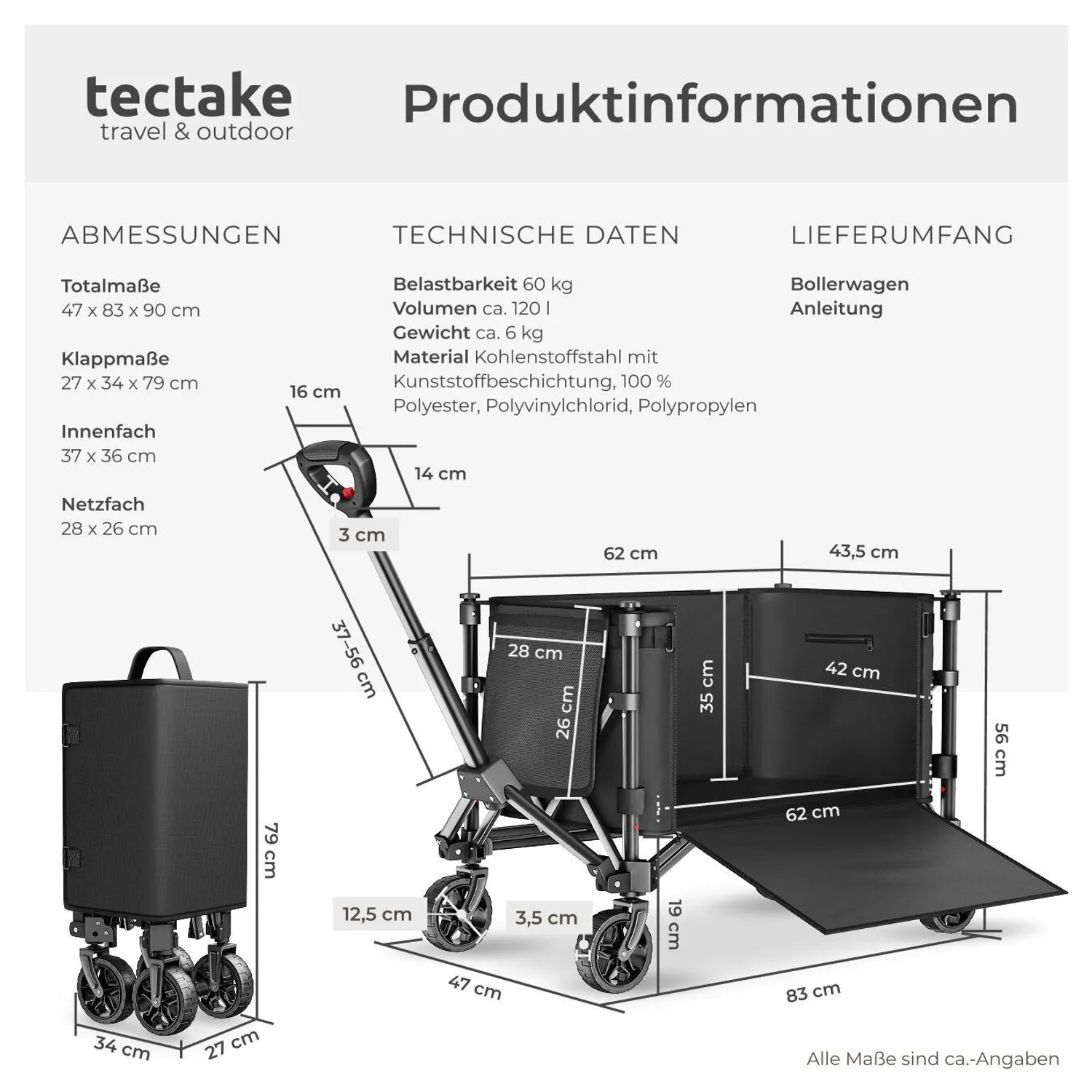 Tectake Bollerwagen Smartrider Faltbar Kunststoffräder Mit Profil 47 x 83 x 90 cm Schwarz_6