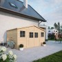 Timbela Holz-Gartenhaus M331+M331G, 11,91 m², mit Fenstern und Boden im Garten.