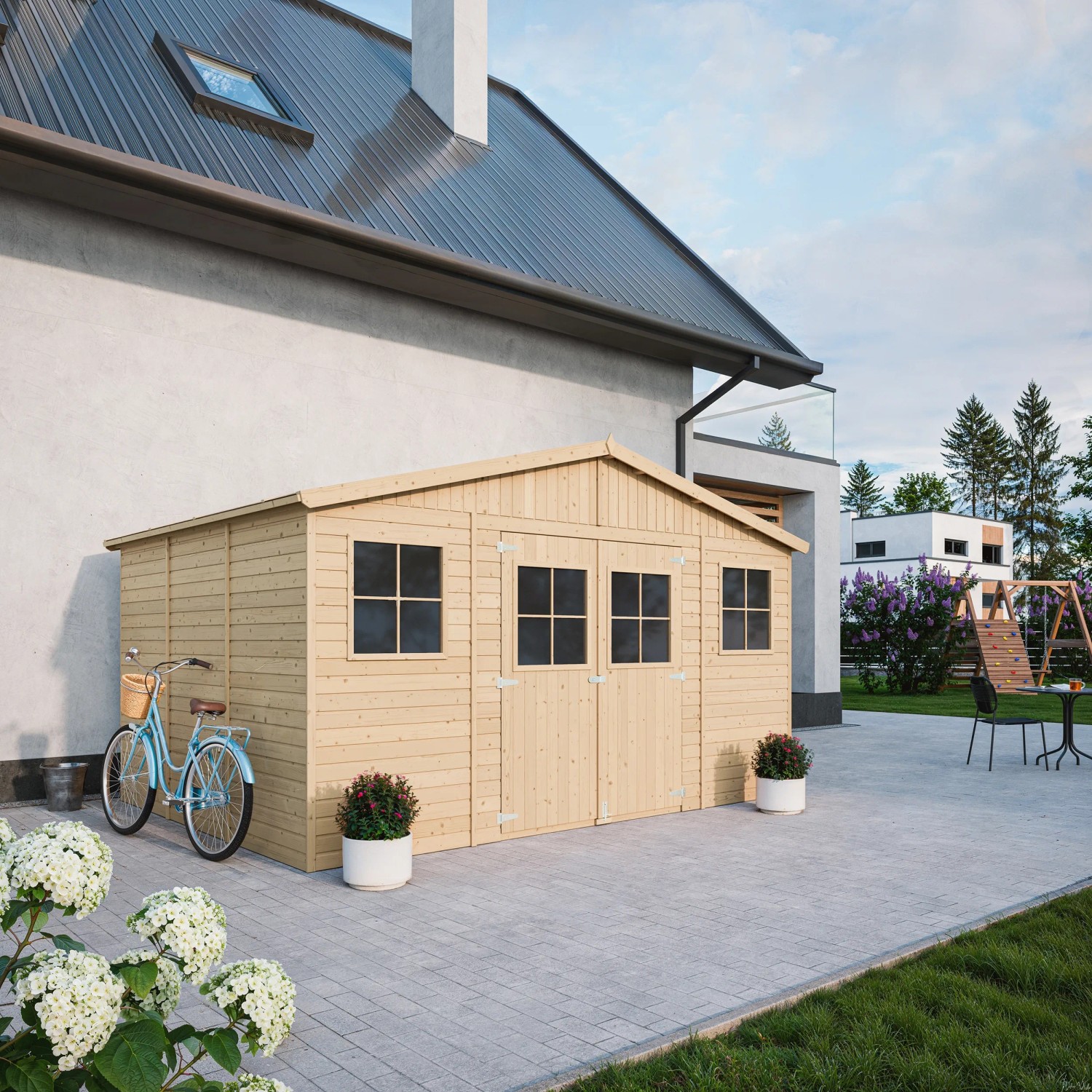 Timbela Holz-Gartenhaus M331+M331G, 11,91 m², mit Fenstern und Boden im Garten.