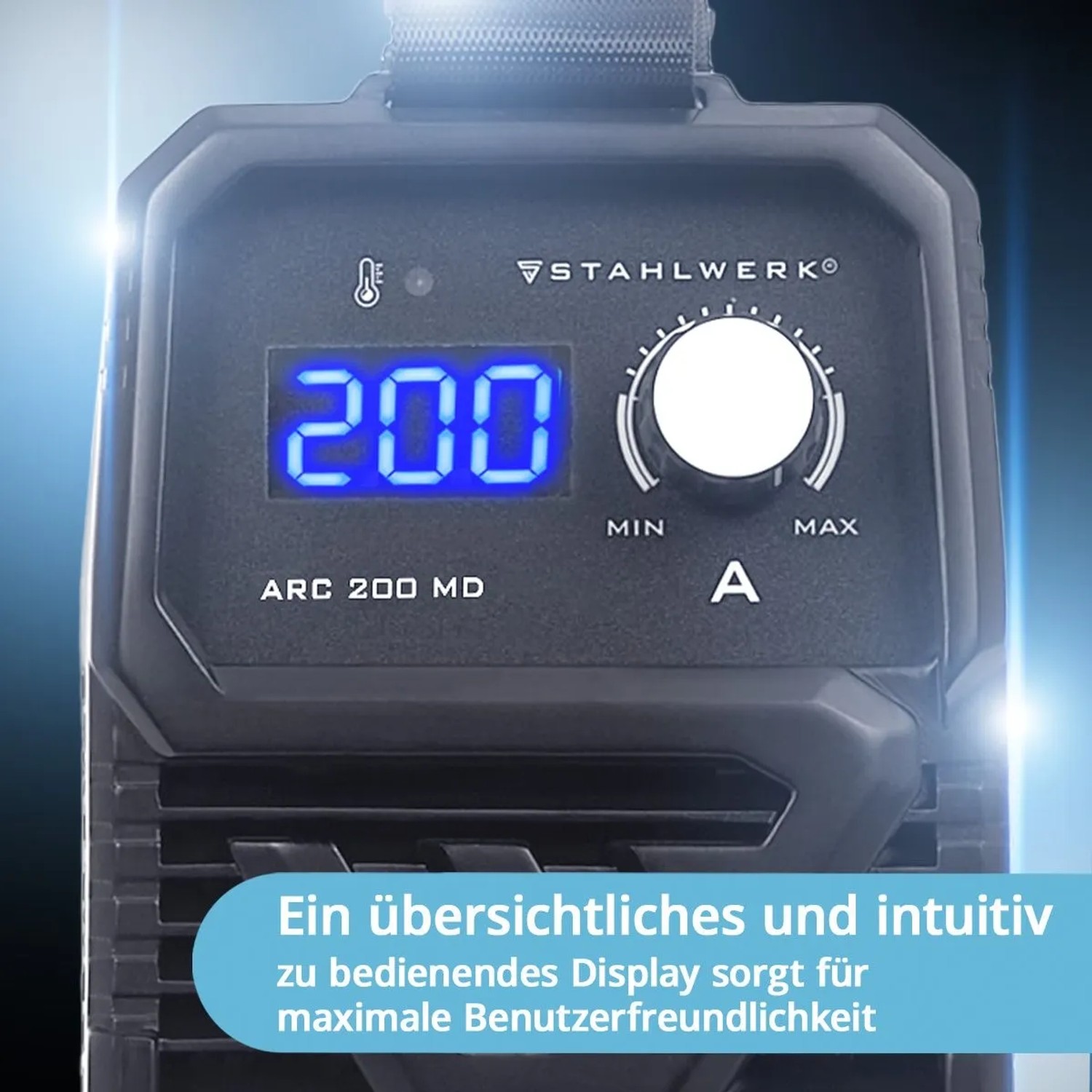 Detailansicht STAHLWERK ARC 200 MD Schweißgerät mit digitaler Anzeige und Drehregler.