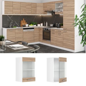 Vicco Küchen Glashängeschrank R-Line, Sonoma/Weiß, 40 cm breit. Hängevitrine für die Küche.