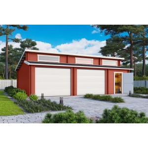 Lasita Garage Hawaii Set in Schwedenrot mit Sektionaltoren, 780x520 cm. Doppelgarage aus Holz mit Abstellraum.