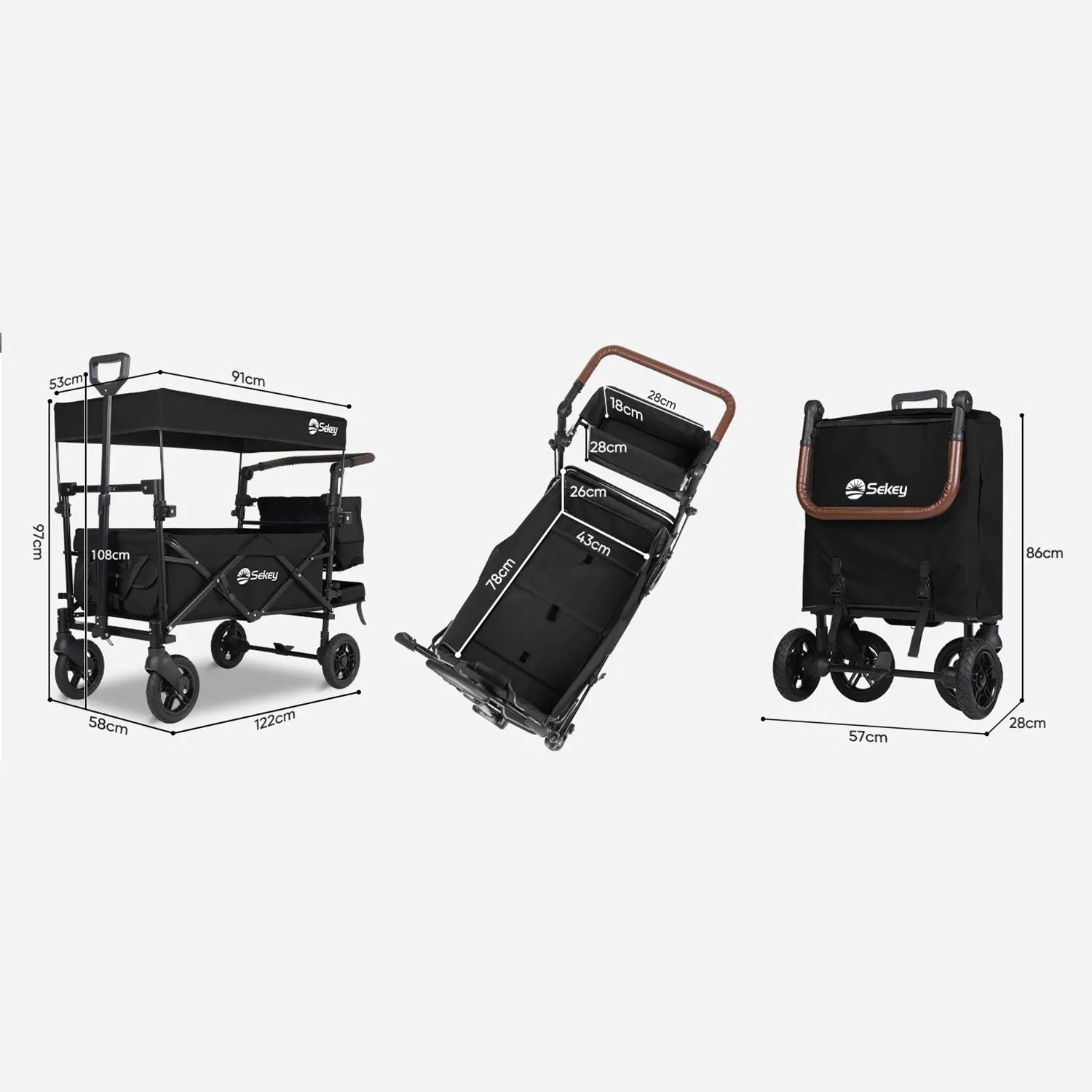 Sekey Bollerwagen faltbar mit Dach, schwarz, für 2 Kinder bis 100kg. Ideal für Camping & Freizeit.