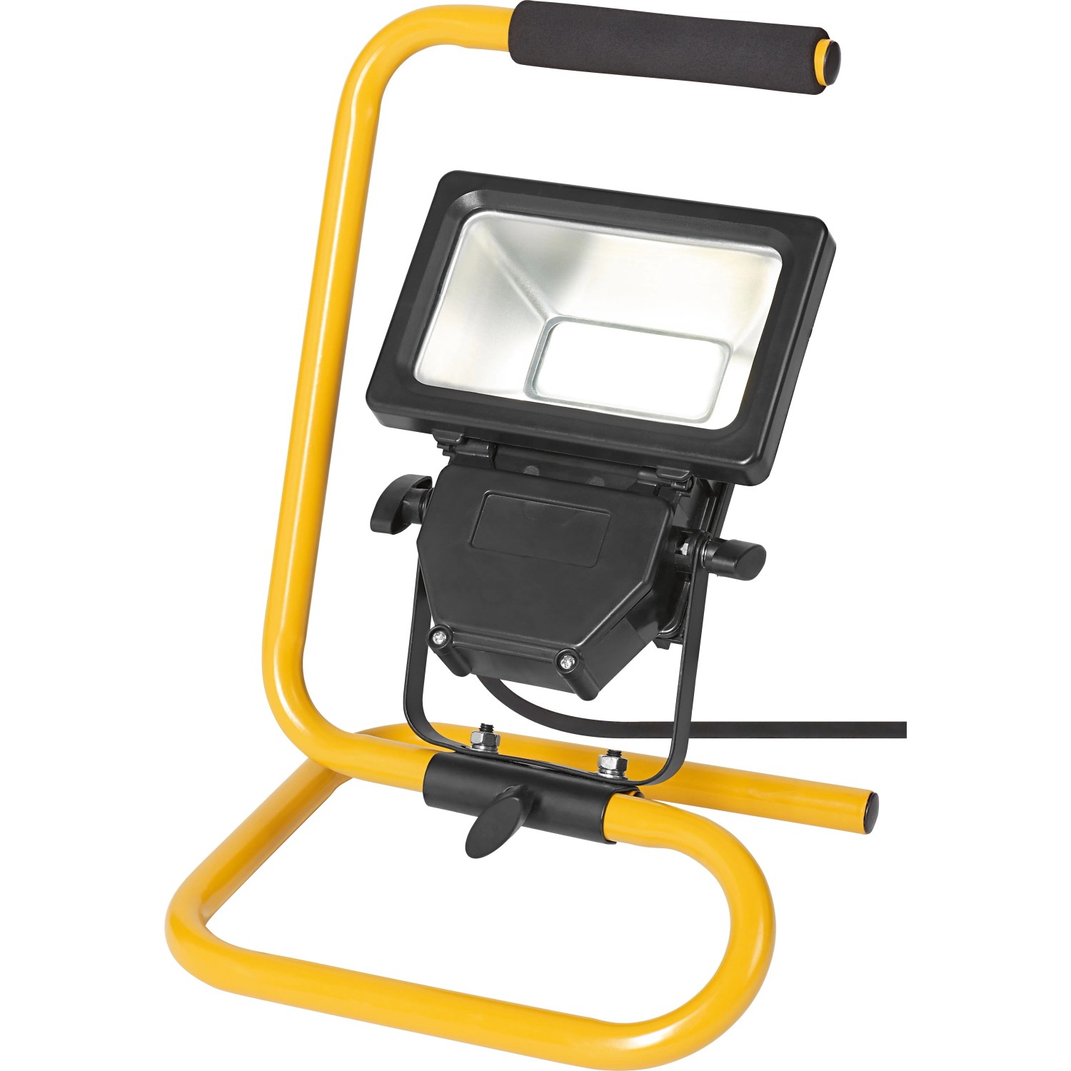 LED-Baustrahler 20W mit gelbem Metallgestell und verstellbarem Neigungswinkel.