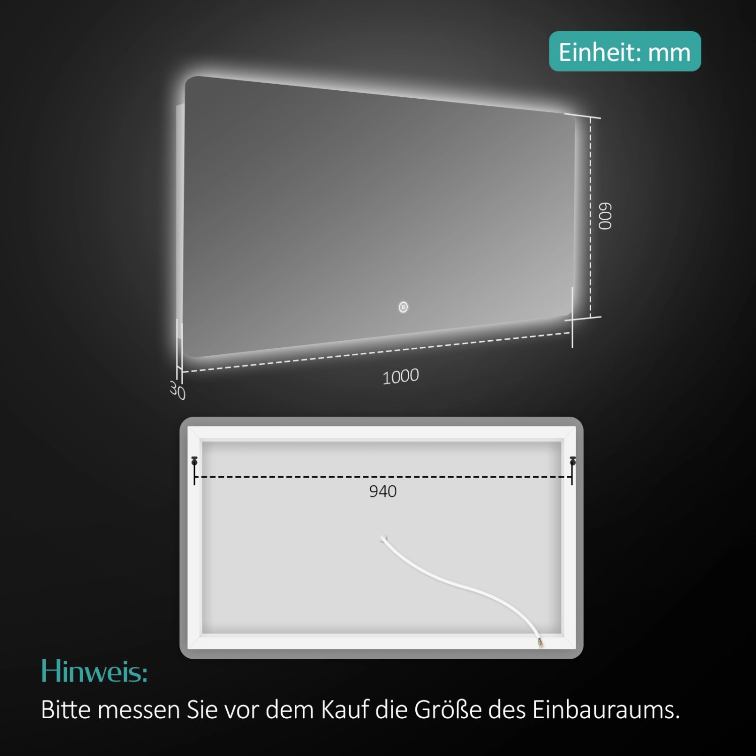 Emke Badspiegel mit LED Beleuchtung, Maße und Rückansicht dargestellt.