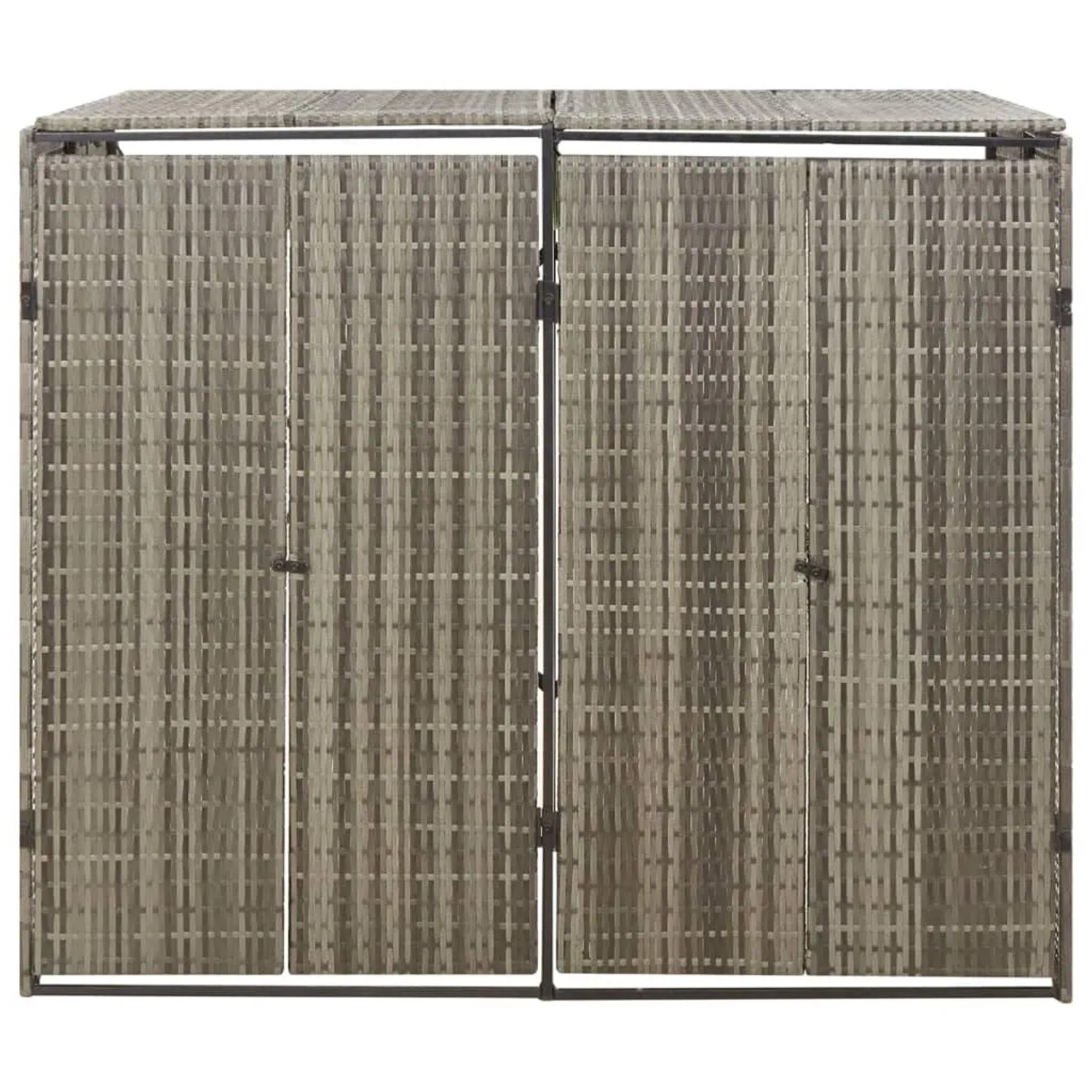 Graue vidaXL Mülltonnenbox für 2 Tonnen aus Poly Rattan, zur Aufbewahrung im Garten.