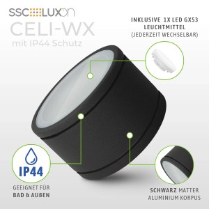 Schwarze, runde SSC-LUXon Celi-WX LED Badezimmerlampe mit IP44 Schutz.