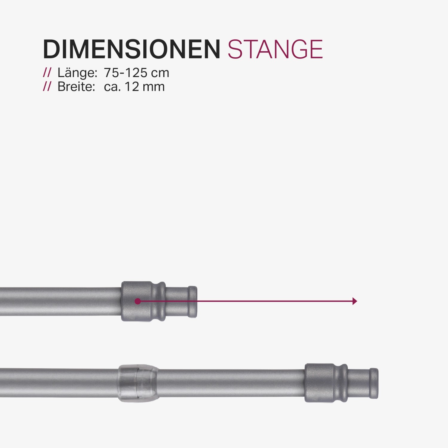 Bestlivings Cafehausstange, matt silber, ausziehbar von 75 bis 125 cm, Detailansicht.