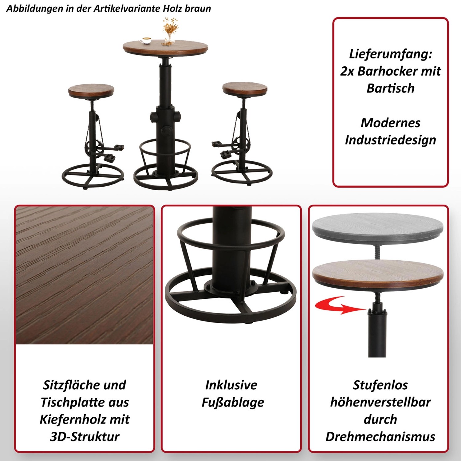 Braunes Bartisch-Set: 1 Tisch, 2 Hocker, höhenverstellbar, Holz/Metall, Industrie-Design.