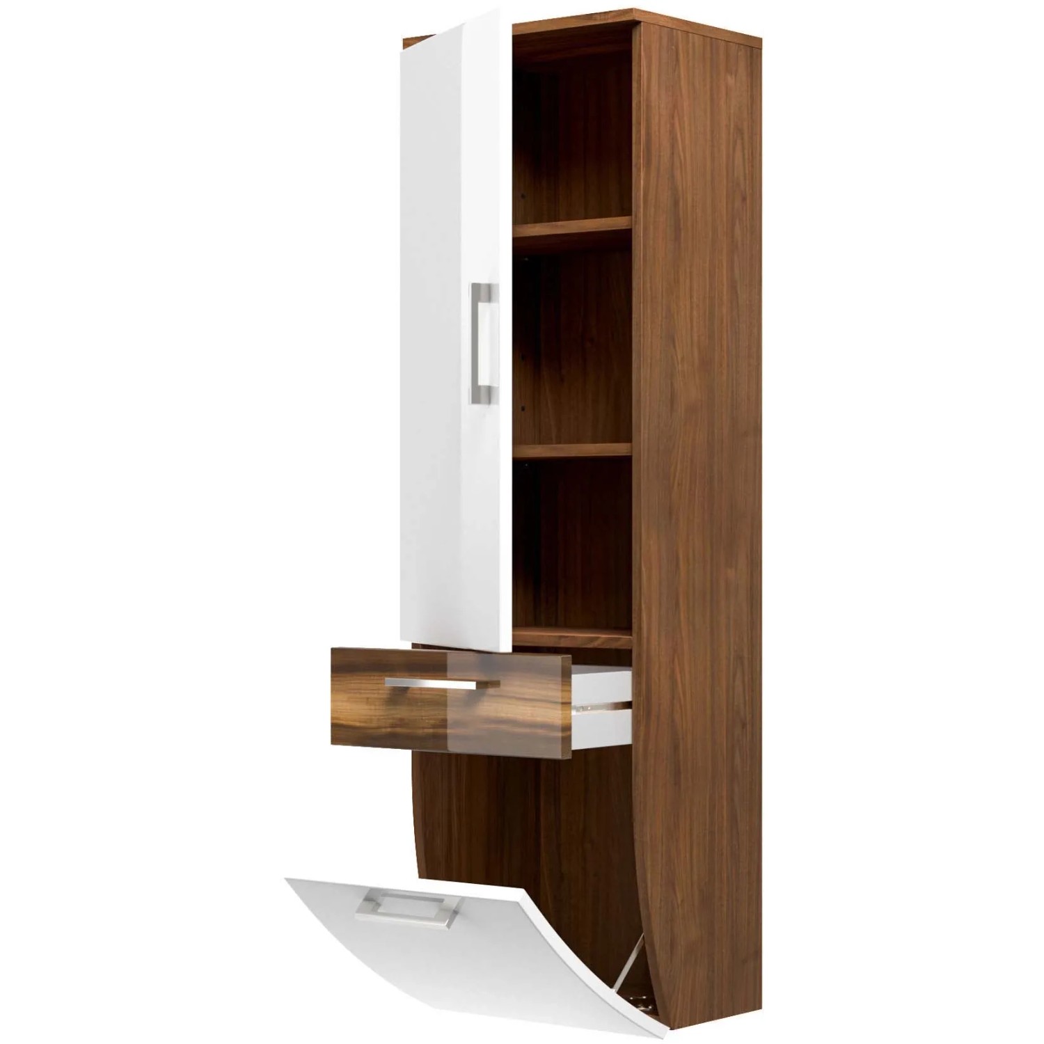 Posseik Bad-Hochschrank Rima in Walnuss-Optik, 40 cm breit, mit offenen Fächern, Schublade und Tür.