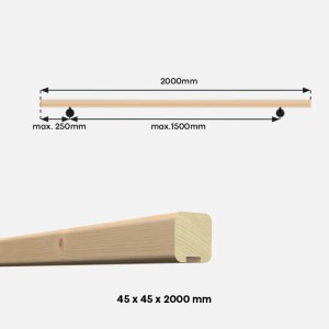 Kordo Handlauf aus Fichte, 2m, unbehandelt, mit Maßangaben. Ideal für den Innenbereich.