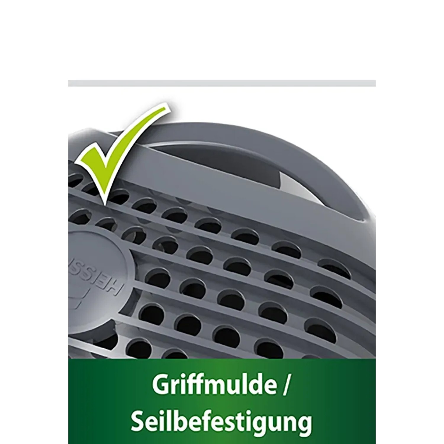 Detailaufnahme der Heissner Aqua Craft Eco Teichpumpe: Graues Gehäuse mit Griffmulde und Seilbefestigung.