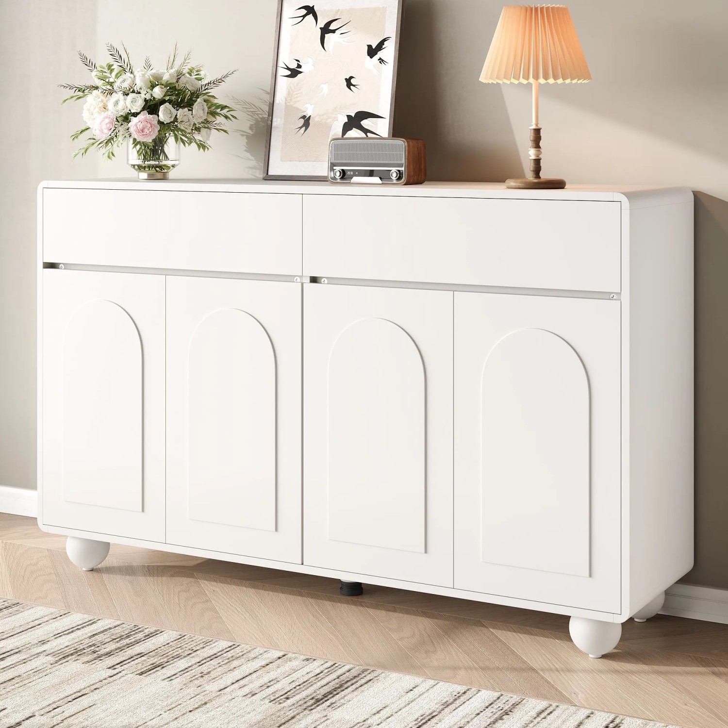 Weißes Merax Sideboard mit geschwungenen Türen, 2 Schubladen und runden Metallfüßen. Moderner Wohnzimmerschrank aus MDF.