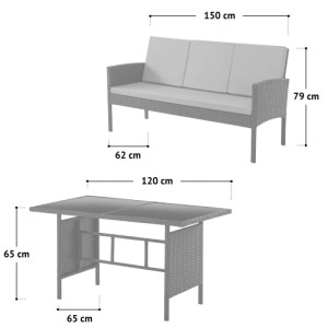 Graues Svita Denver Polyrattan Gartenmöbel Set: 3er-Sofa mit Kissen und Esstisch mit Glasplatte, Maße.