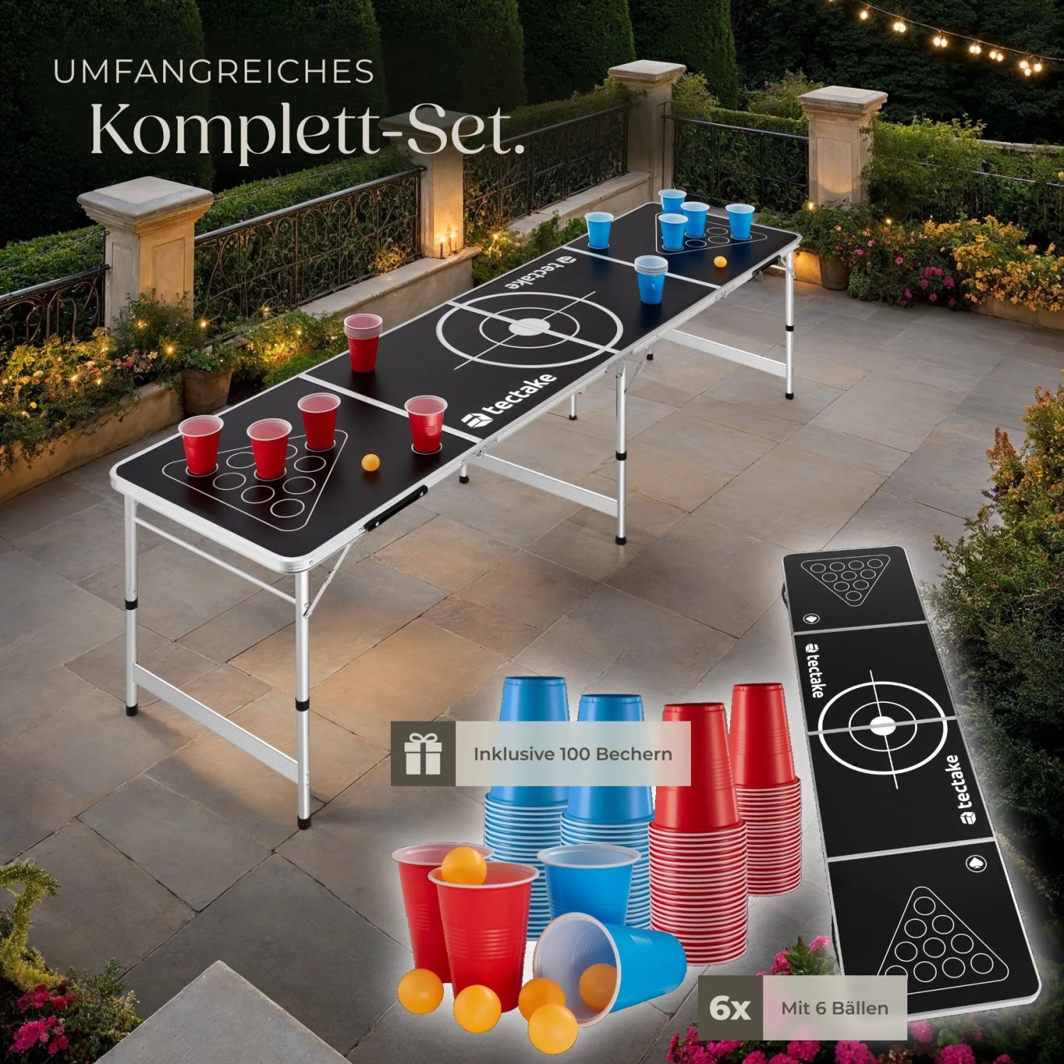 Tectake Bierpongtisch, klappbar und höhenverstellbar, mit Bechern und Bällen als Set.