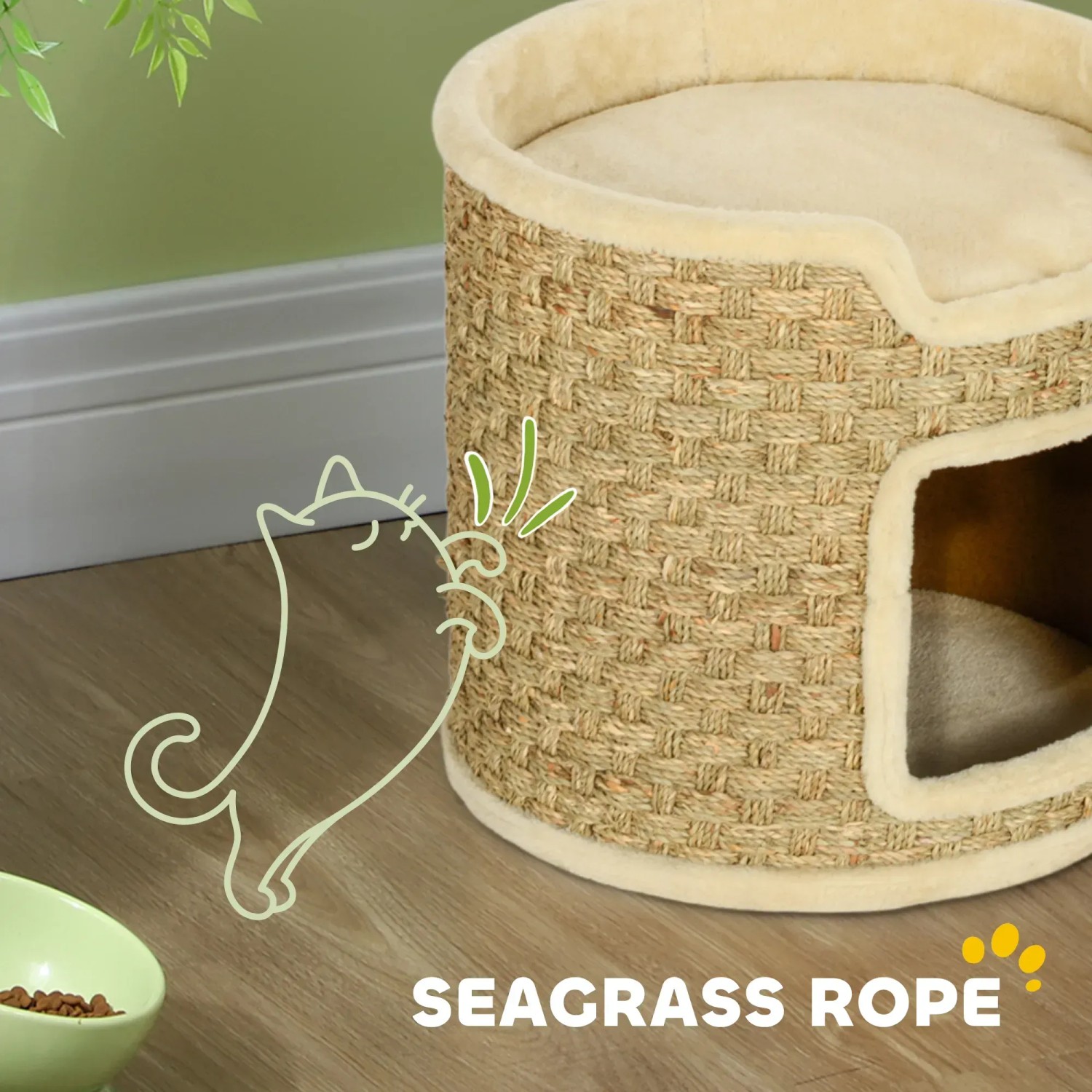 Khaki Kratztonne mit Liegefläche und Sisal-Ummantelung als Kratzbaum für Katzen.