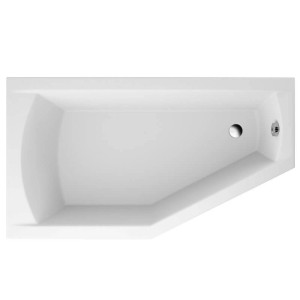 Weiße Acryl-Eckbadewanne SELENA 150x90 links mit integriertem Ablauf und Überlauf. Modernes Design für Ihr Bad.