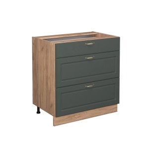 Vicco Küchenunterschrank Fame-Line, grün-gold/Eiche, 80cm, 3 Schubladen, Landhausstil.